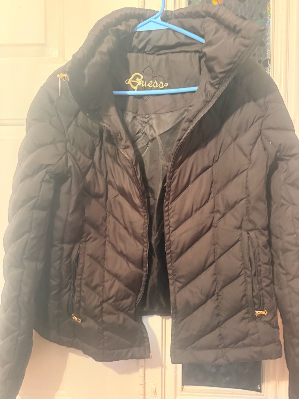 Guess Black Quilted Puffer Jacket with Gold Accents